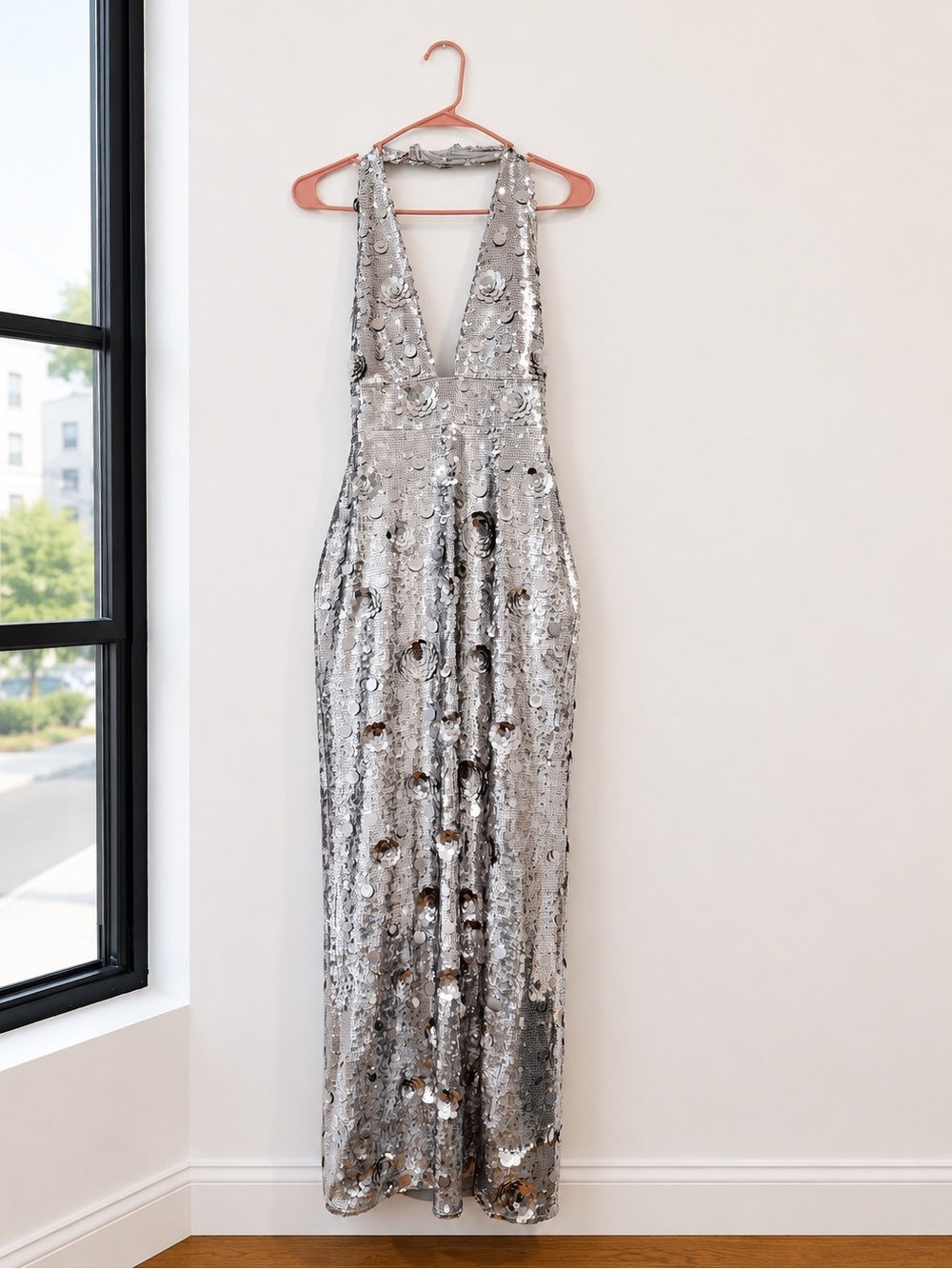 Oh Polly Sequin Backless Halter Gown - Silver / Grey